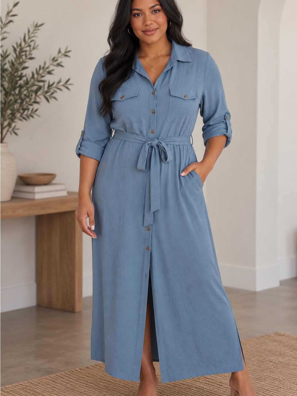 NAIF Slate Blue Maxi Shirt Dress with Tie Waist